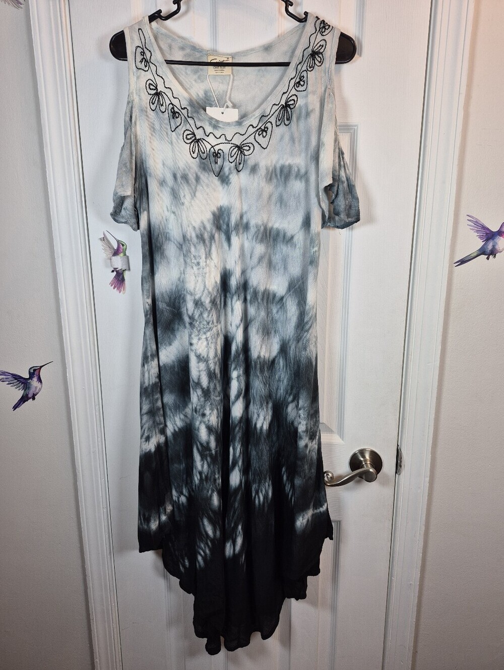 Exist One Size Tie Dye Cold Shoulder Embroidered Boho Midi Dress Grey Black NEW